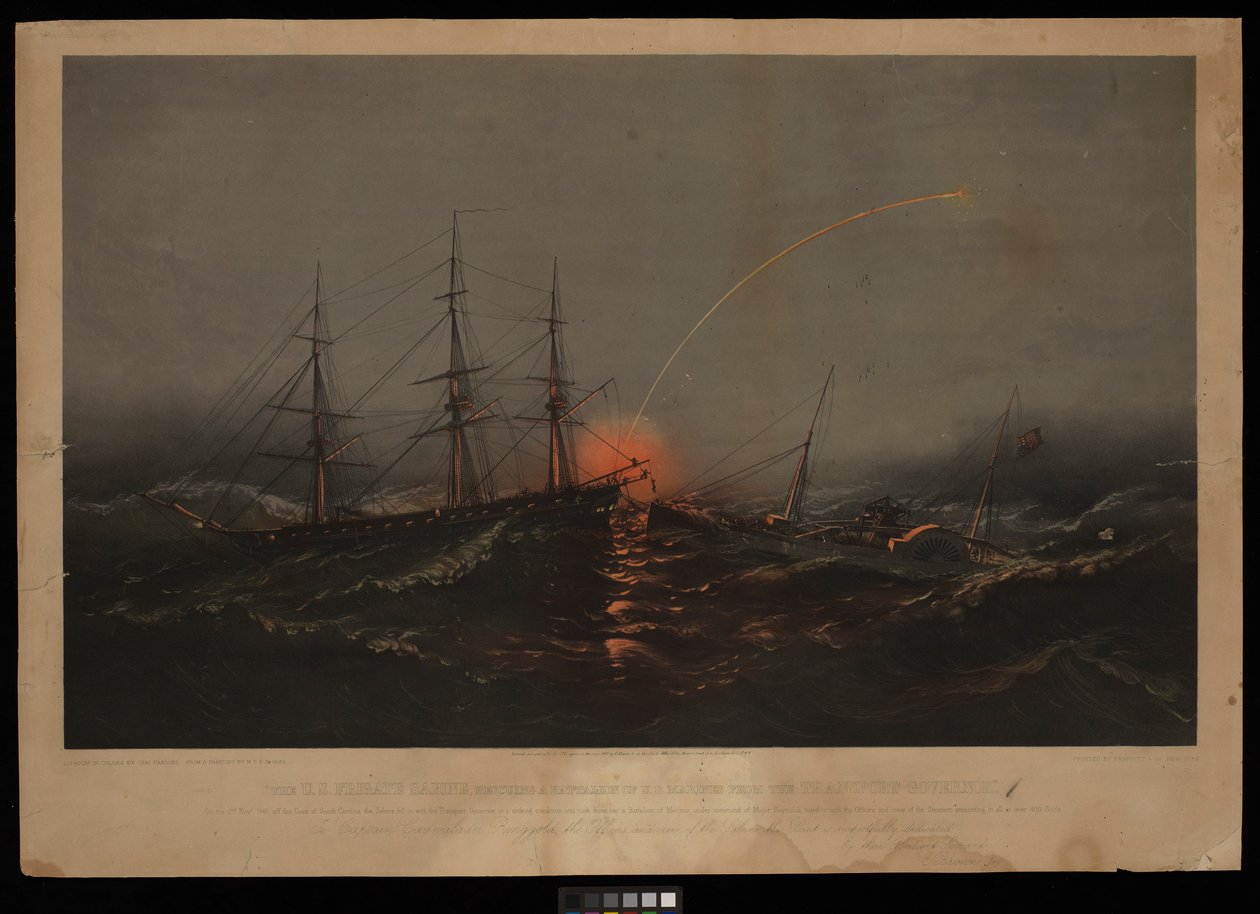 Die US-Fregatte Sabine rettet ein Bataillon US-Marines vom Transport Governor am 2. November 1861 vor der Küste von South Carolina von M. F. H. De & Parsons Charles Haas