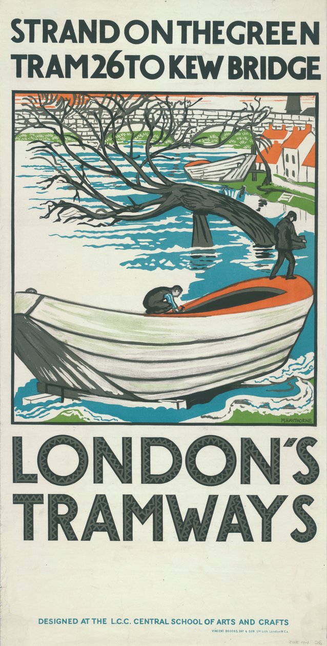 Strand on the Green, Tram 26 nach Kew Bridge, London County Council LCC Straßenbahnplakat, 1924 von M Haythorne