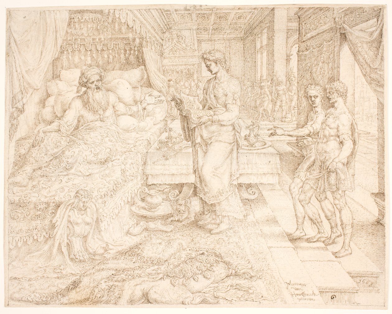 Ahasverus, als er nicht schlafen konnte, konsultiert die Aufzeichnungen von Maarten van Heemskerck