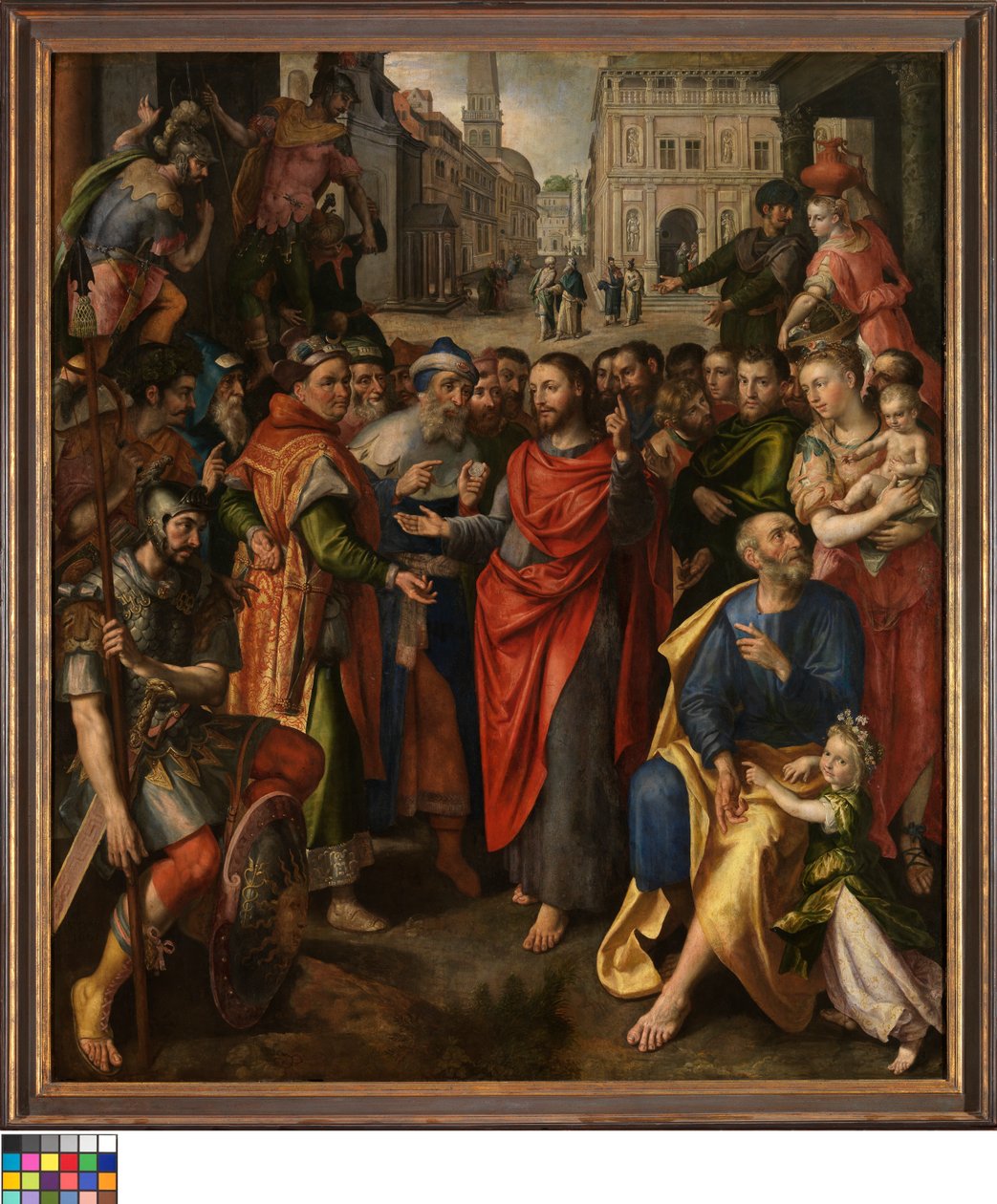 Der Zollpfennig (Matthäus 17:24-27; links), der Zinsgroschen (Lukas 20:21-26; Mitte), das Gleichnis von der armen Witwe (Markus 21:41-44; rechts) (Altar der Münzprägerzunft) von Maerten de Vos