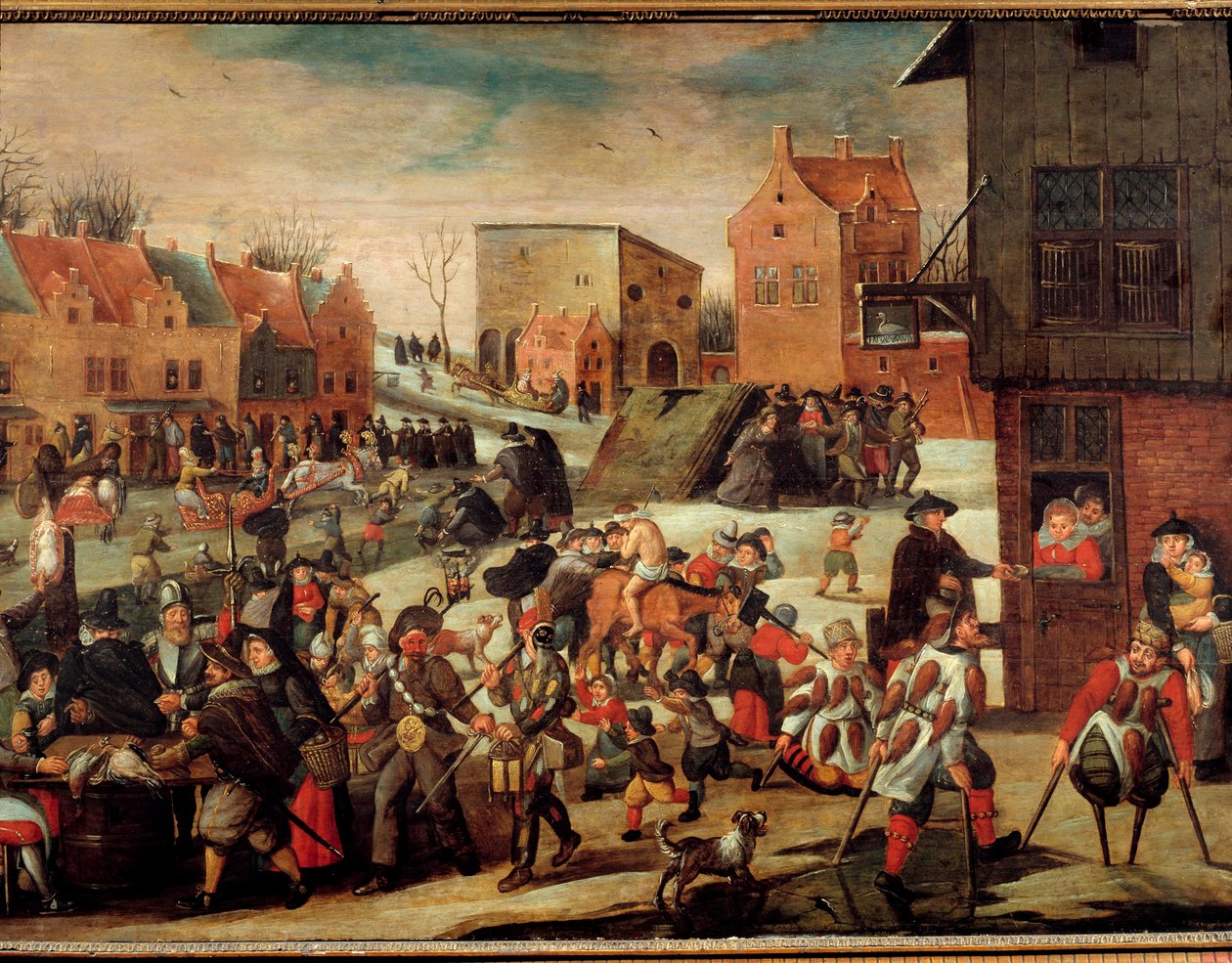 Die Krüppel. Eine Menge armer und kranker Menschen in einer Stadt (in Flandern?) von Maerten van Cleve