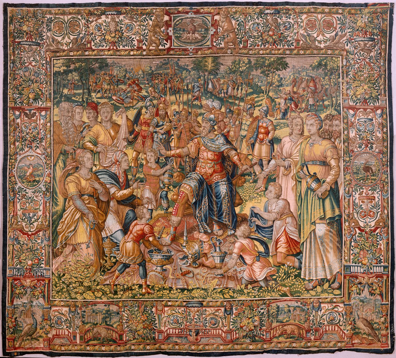 Serie Geschichte von Gideon. Die Israeliten übergeben Gideon ihren Anteil an der Beute (Los israelitas entregan a Gedeón su parte del botín). Seide und Wolle. Vermächtnis von Bischof. von Maerten van Heemskerck