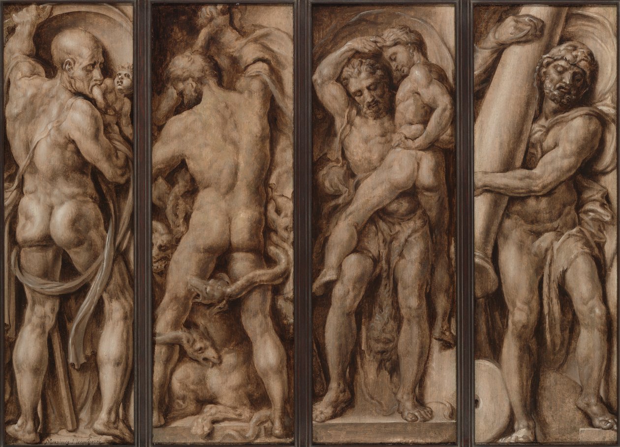 Saturn verschlingt ein Kind; Herkules tötet die Hydra; Herkules hebt Antäus; Herkules errichtet die Säulen von Calpe und Abyla von Maerten van Heemskerck