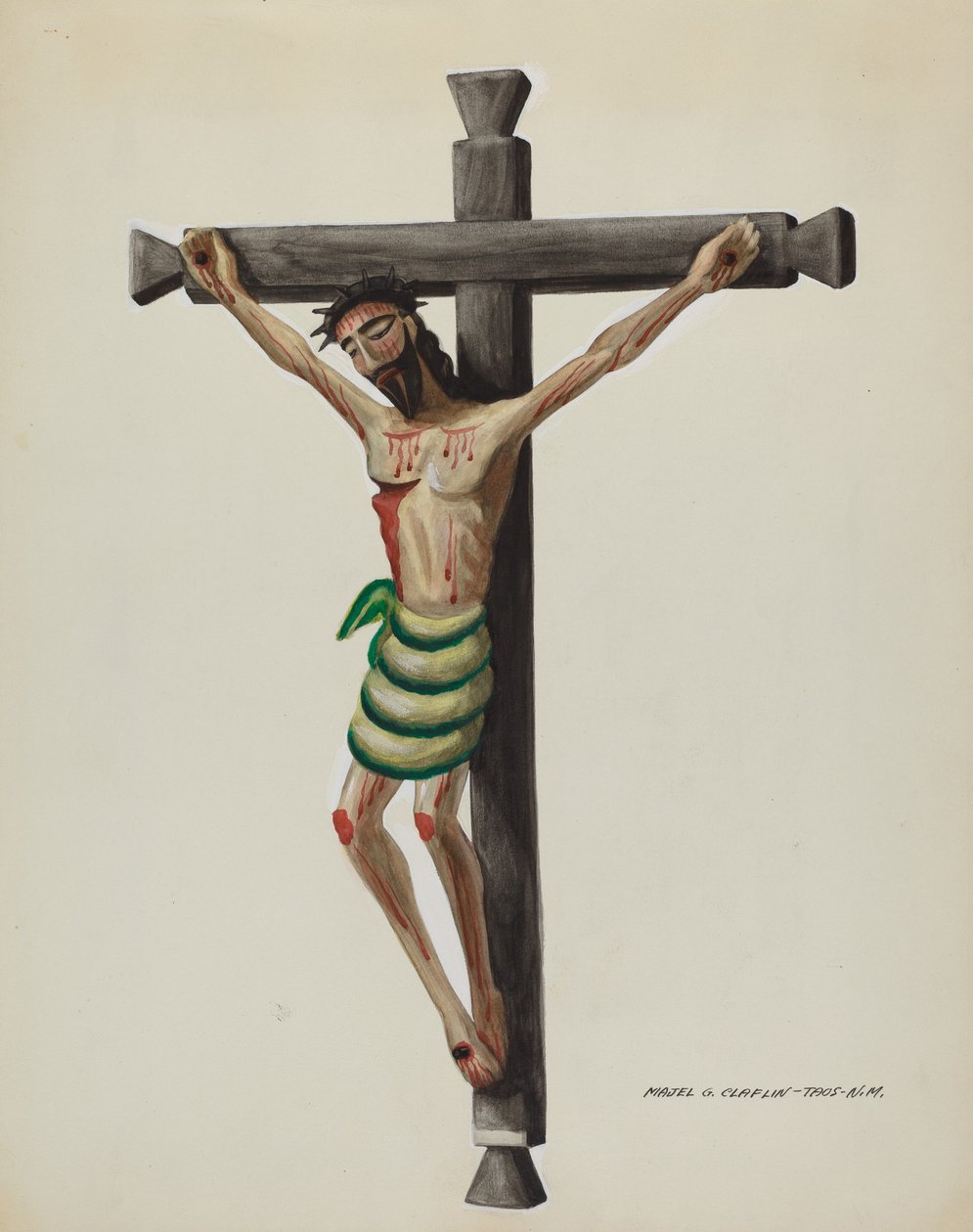 Cristo, geschnitzt und bemalt, auf schwarzem geschnitztem Holzkreuz von Majel G. Claflin