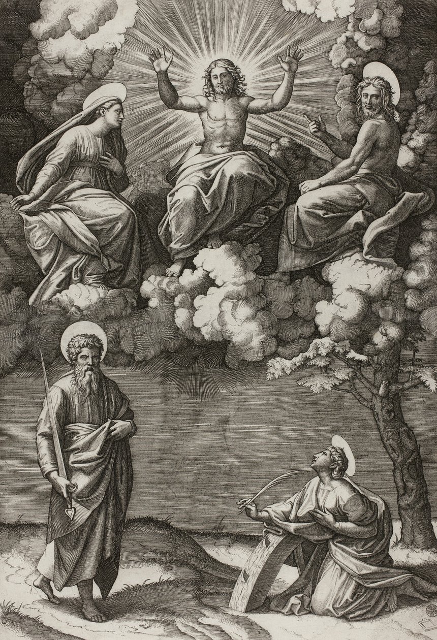 Christus, die Jungfrau und Johannes der Täufer mit den Heiligen Paulus und Katharina von Marcantonio Raimondi
