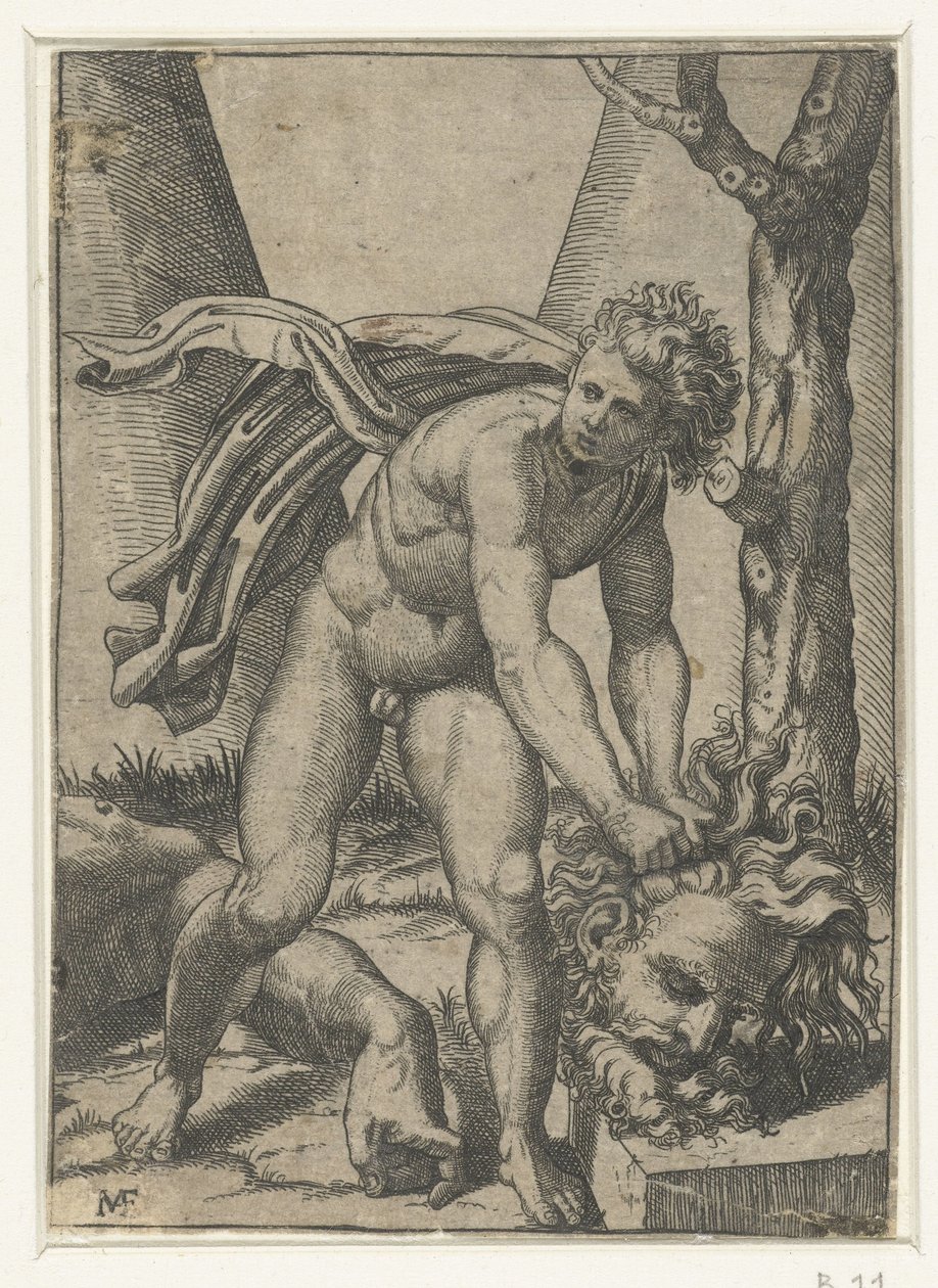David mit dem Kopf von Goliath von Marcantonio Raimondi