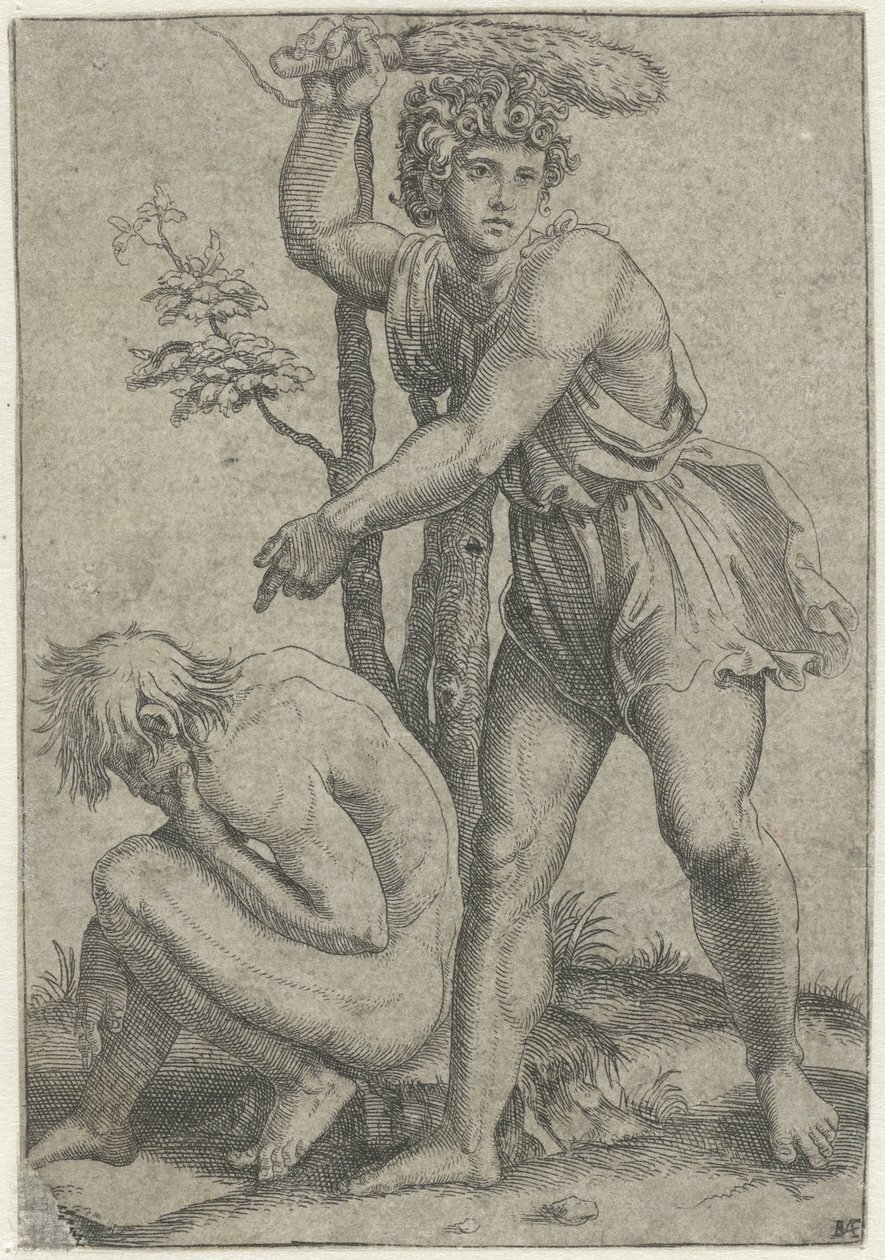 Hockender nackter Mann, geschlagen von einem Mann mit Fuchsschwanz von Marcantonio Raimondi