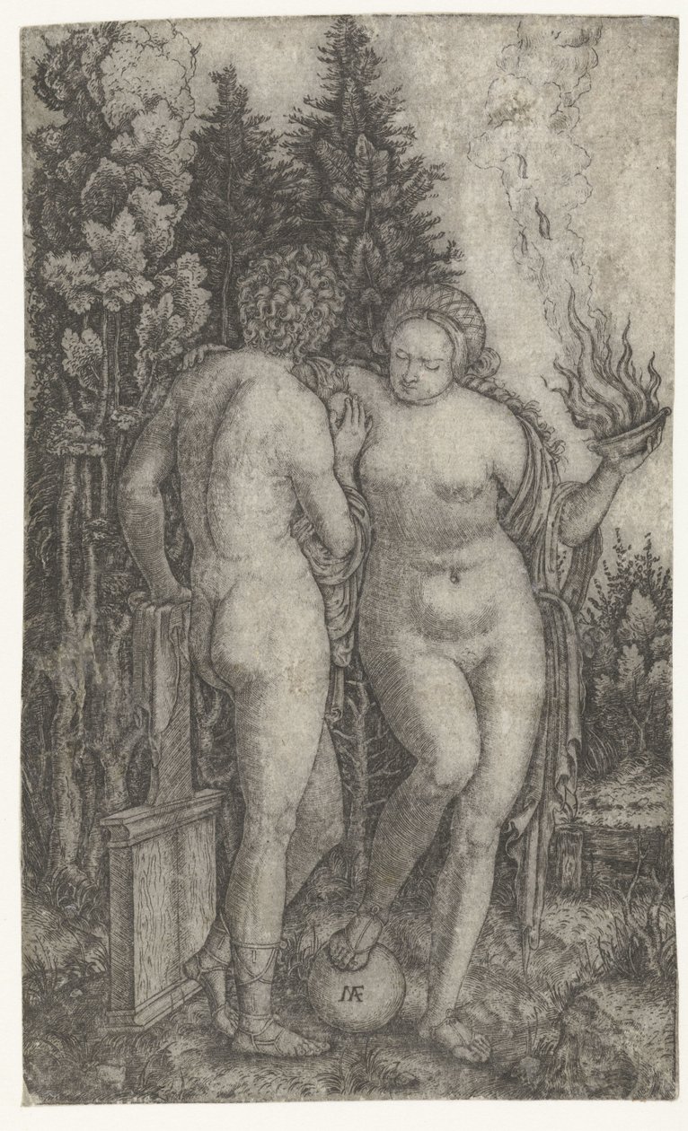 Junger Mann geschützt von Frau mit Globus und Opferschale als Personifikation des Glücks (Fortuna) von Marcantonio Raimondi
