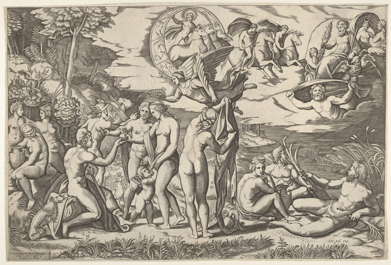 Urteil des Paris: Paris streckt seine Hand nach Venus aus, die zwischen Juno und..., ca. 1520-50 von Marcantonio Raimondi
