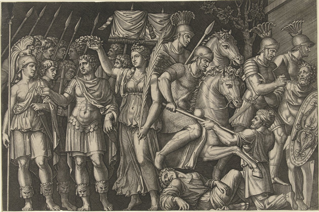 Kaiser Trajan von Victoria gekrönt, steht neben weiblicher Personifikation von Rom und Römer im Kampf mit Daciern von Marcantonio Raimondi
