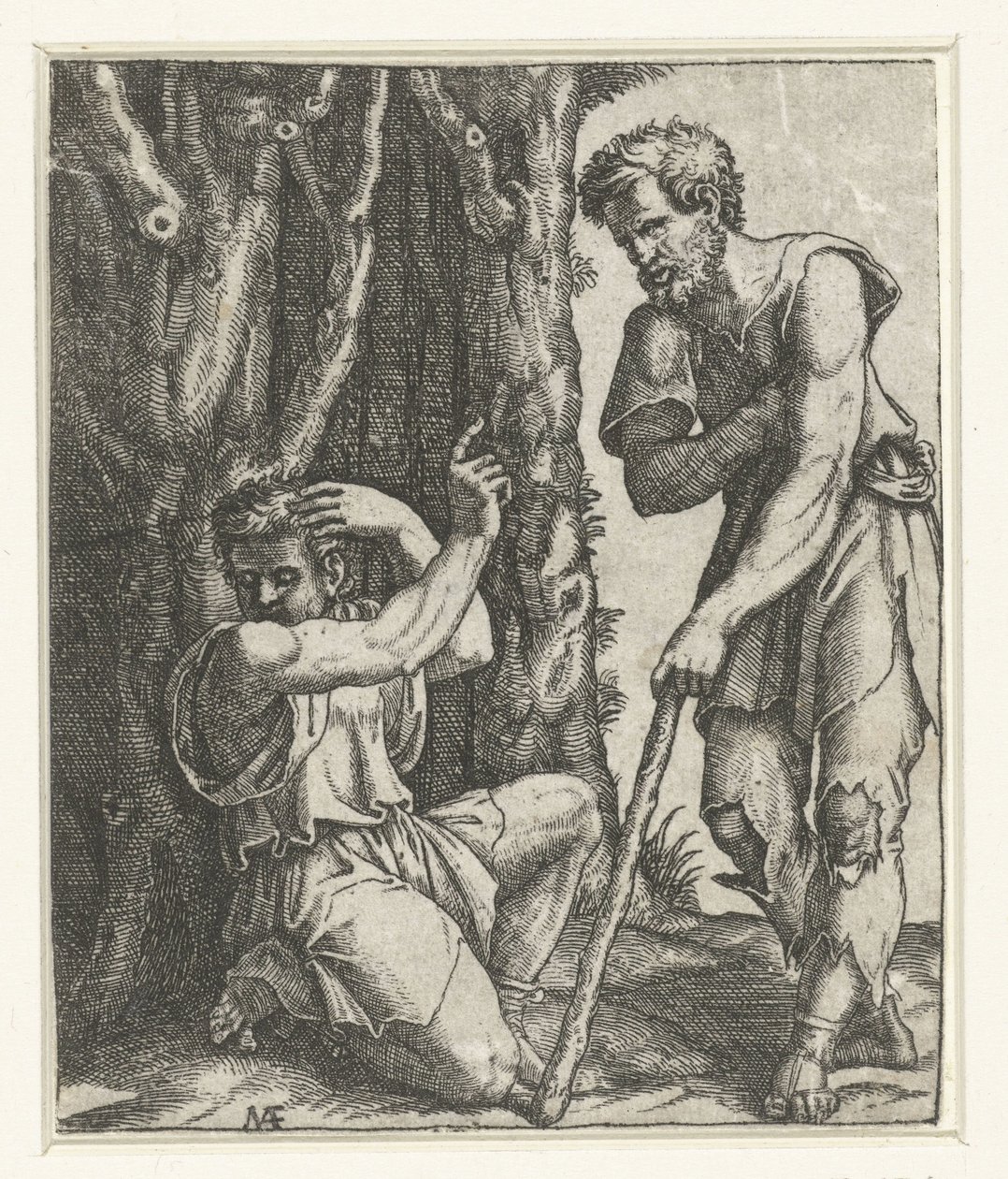 Mann kniet und wendet sich von Bettler am Waldrand ab von Marcantonio Raimondi