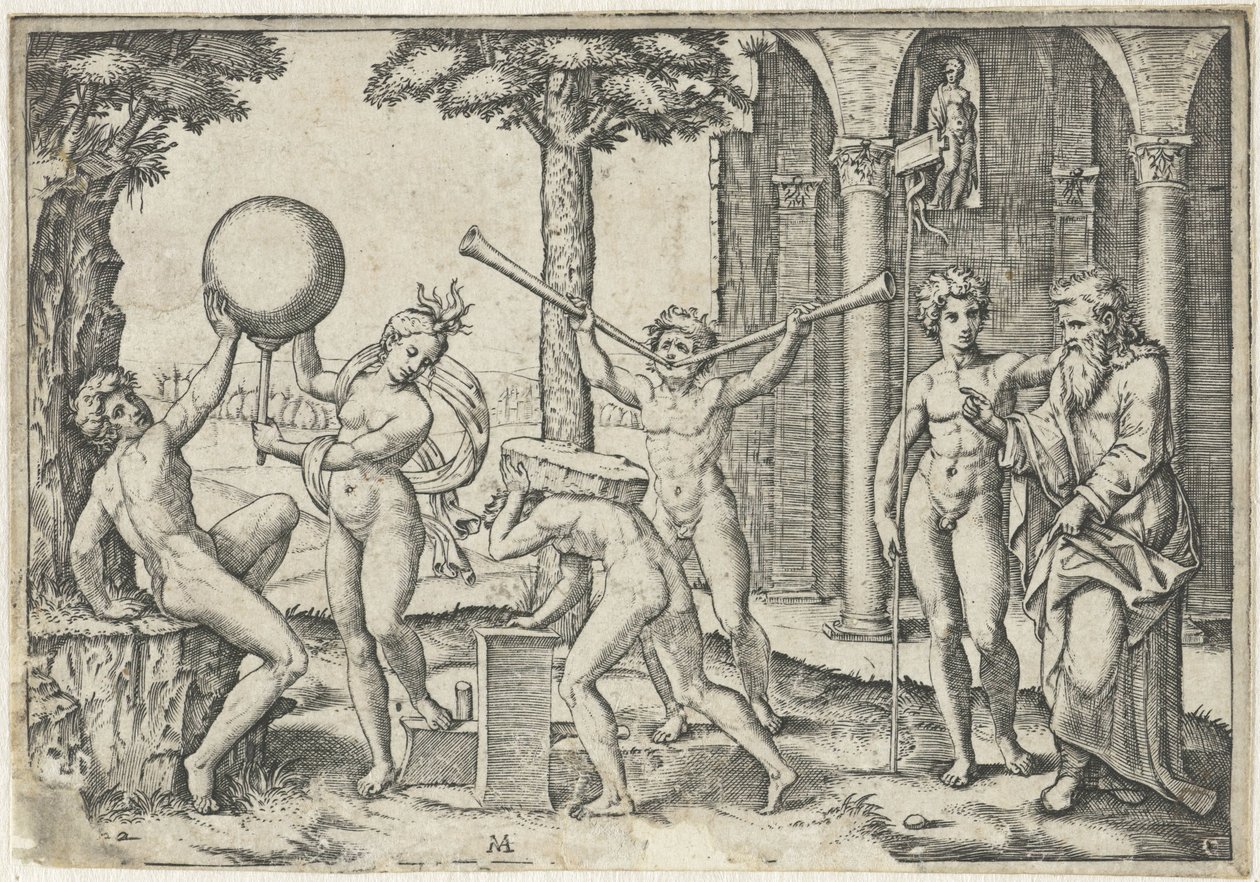 Mann mit zwei Trompeten und Mann mit Stein auf dem Rücken flankiert von Mann und Frau mit Globus und altem und jungem Mann von Marcantonio Raimondi