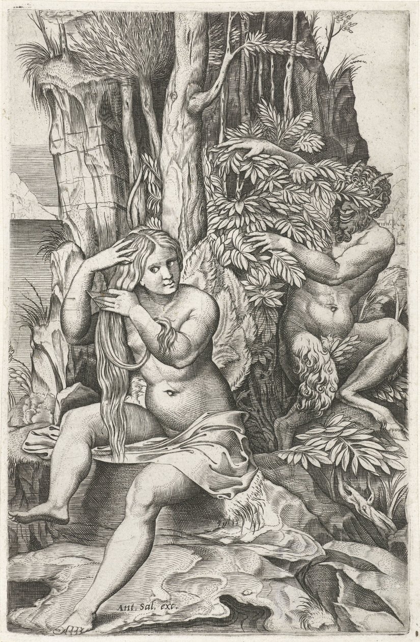 Satyr beobachtet eine Nymphe bei ihrer Toilette von Marcantonio Raimondi