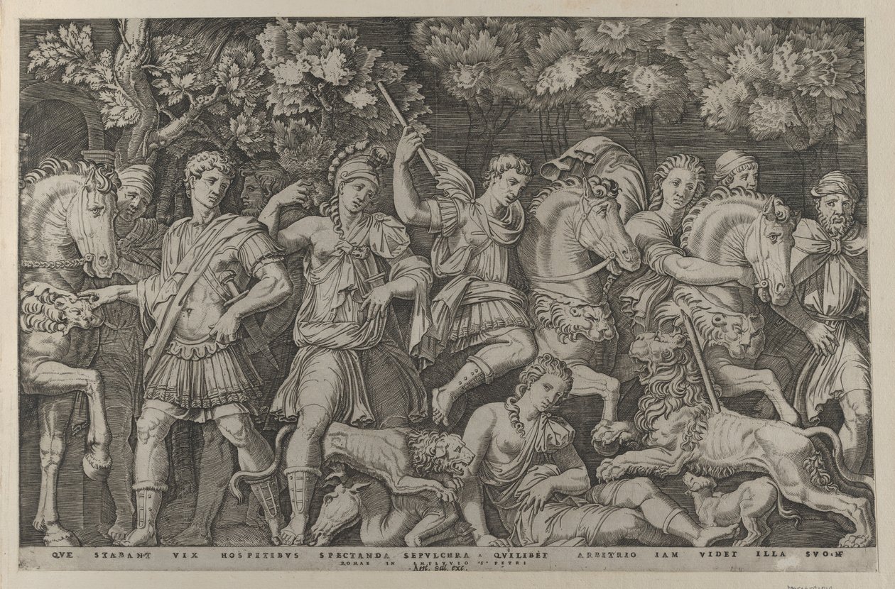 Speculum Romanae Magnificentiae: Die Löwenjagd, ca. 1500-1534 von Marcantonio Raimondi