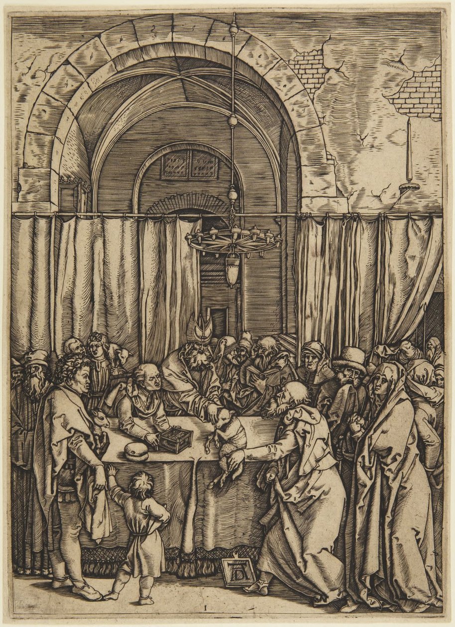 Der Hohepriester weist Joachim zurück, Platte 1 aus dem Leben der Jungfrau von Marcantonio Raimondi