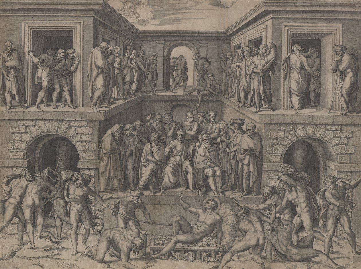 Das Martyrium des Heiligen Laurentius, nach Bandinelli von Marcantonio Raimondi