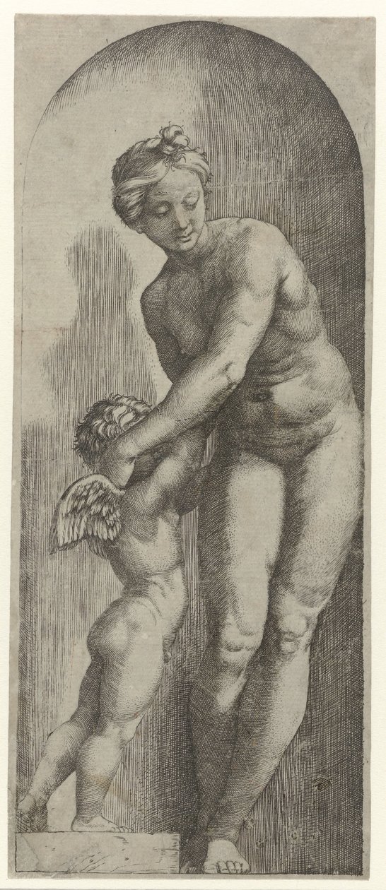 Venus und Amor stehend in einer Nische von Marcantonio Raimondi