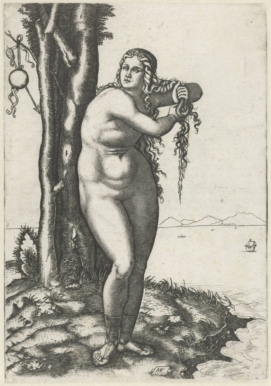 Venus steht am Wasser und wringt Wasser aus ihrem Haar von Marcantonio Raimondi