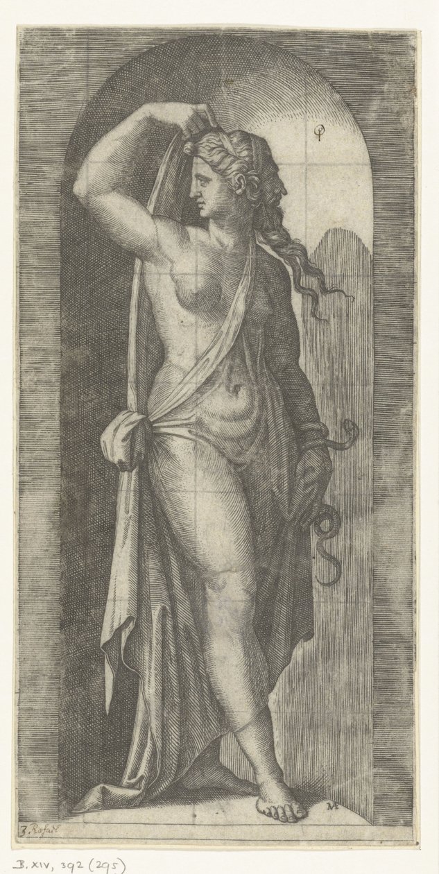 Frau als Personifikation der Vorsicht mit Schlange und Maske von Marcantonio Raimondi