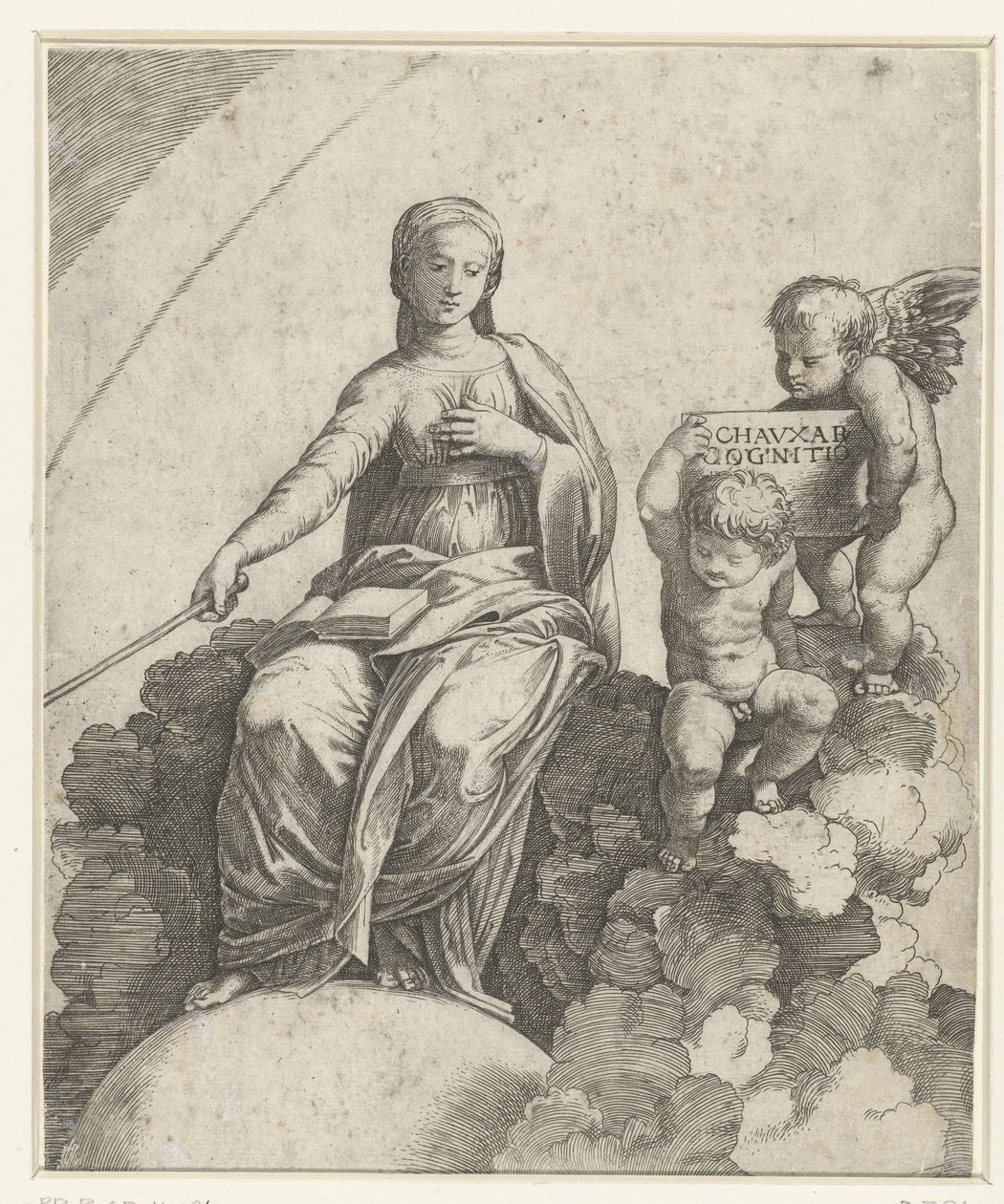 Frau mit Buch und Zepter als Personifikation der Philosophie, sitzend auf Wolken und die Füße ruhend auf einer Kugel, neben ihr zwei Putti von Marcantonio Raimondi