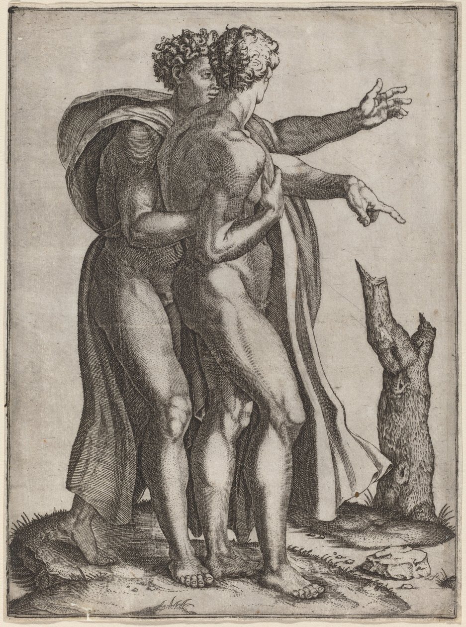 Zwei nackte Männer von Marcantonio Raimondi after Michelangelo