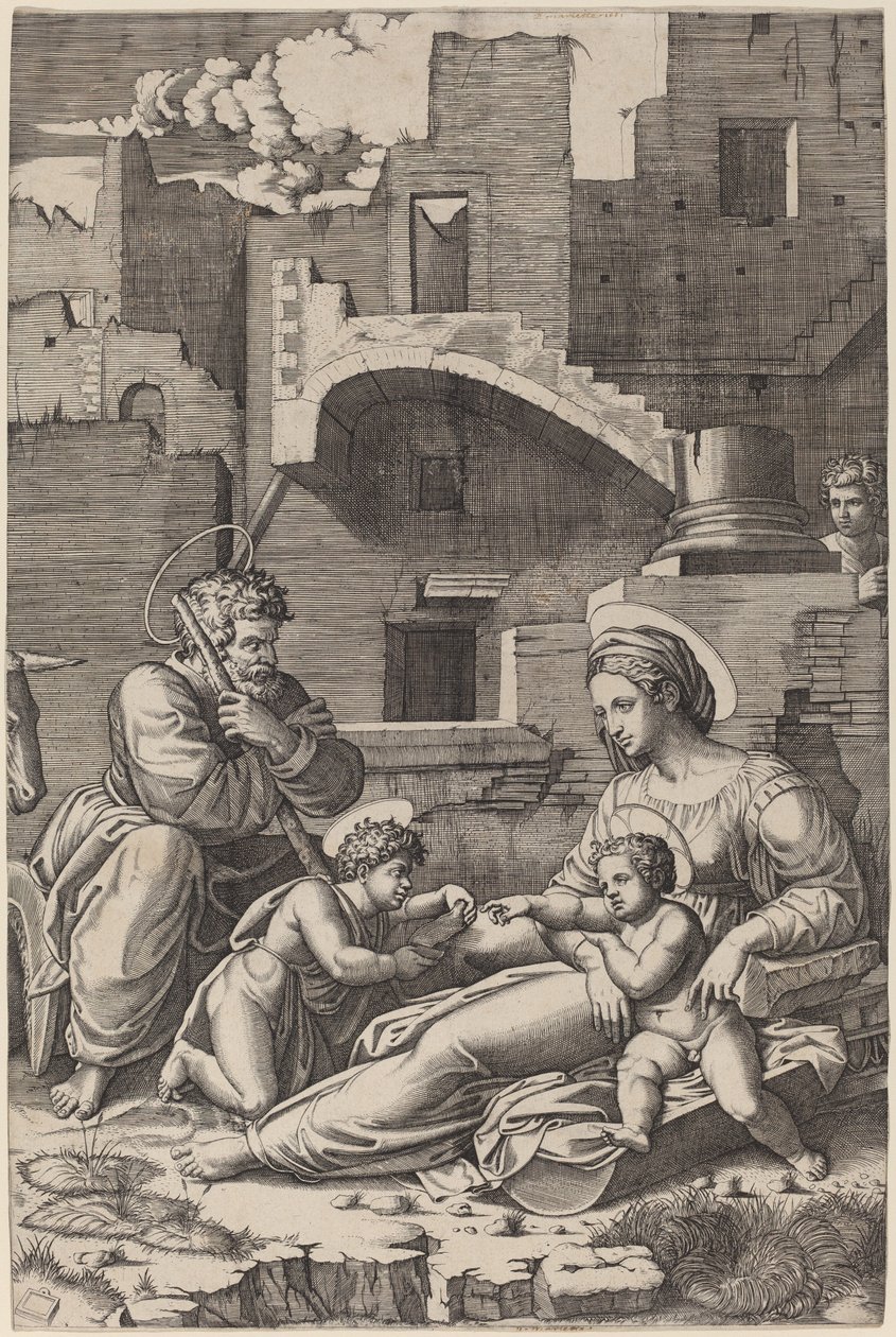 Die Heilige Familie mit dem jungen Johannes dem Täufer (Die Madonna des langen Oberschenkels) von Marcantonio Raimondi after Raphael