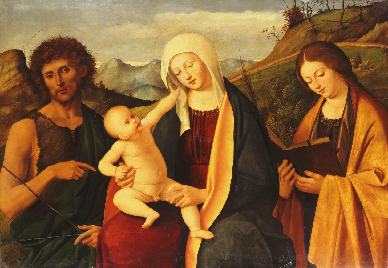 Die Madonna und das Kind, mit Johannes dem Täufer und einer weiblichen Heiligen von Marco Basaiti