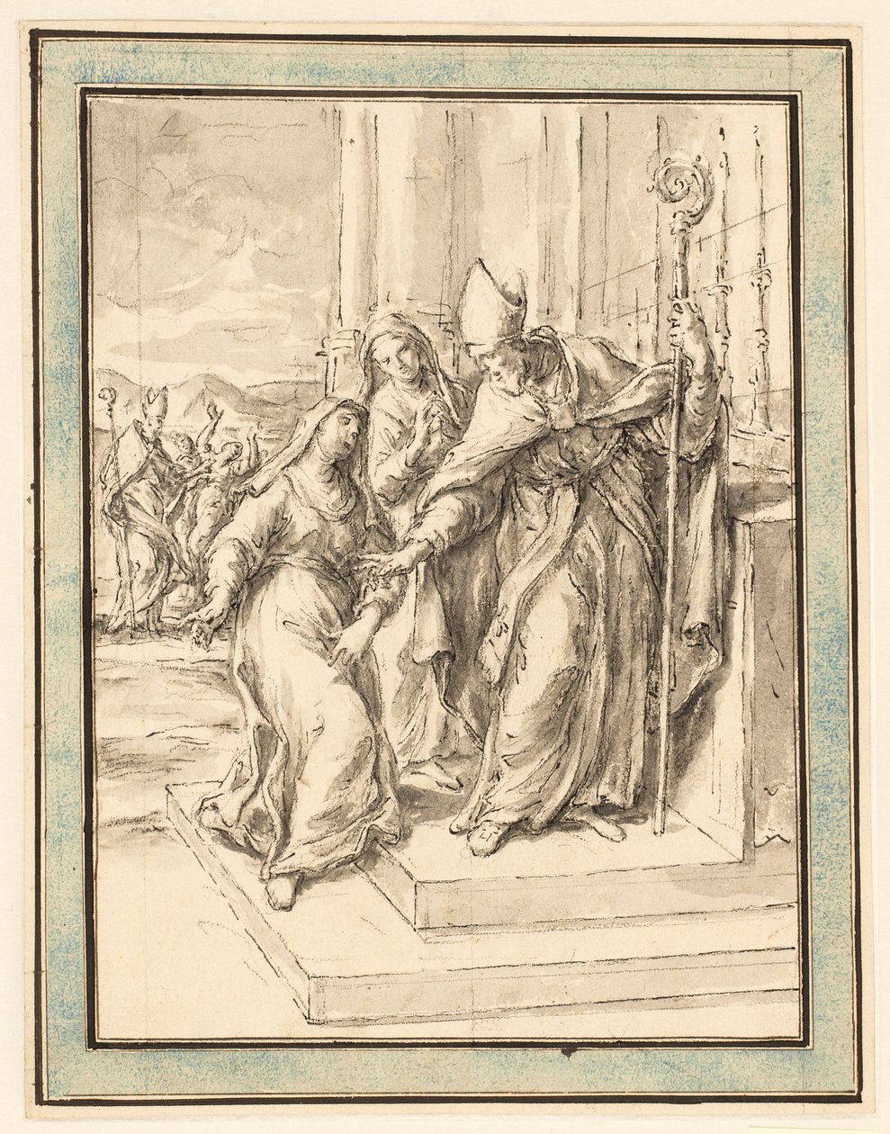 Ein Bischof und zwei Nonnen an einem Altar, mit einem Bischof, der im Hintergrund eine besessene Frau heilt von Marco Benefial