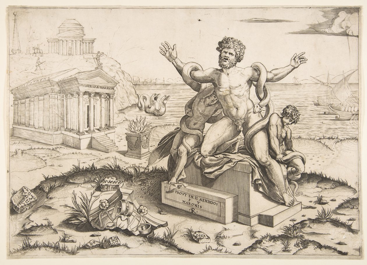 Laokoon und seine zwei Söhne werden von Schlangen auf einem Sockel angegriffen, ein Tempel zu Mi..., ca. 1515-27 von Marco Dente