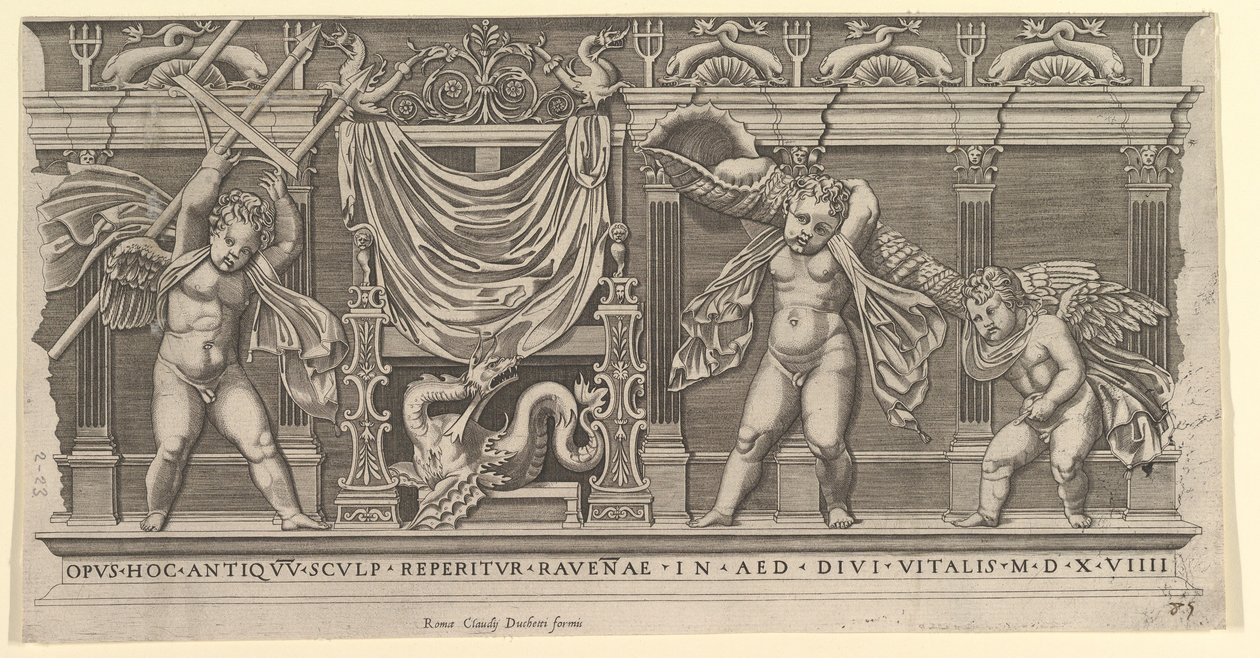 Speculum Romanae Magnificentiae: Basrelief mit drei Cupidos, 1519 von Marco Dente