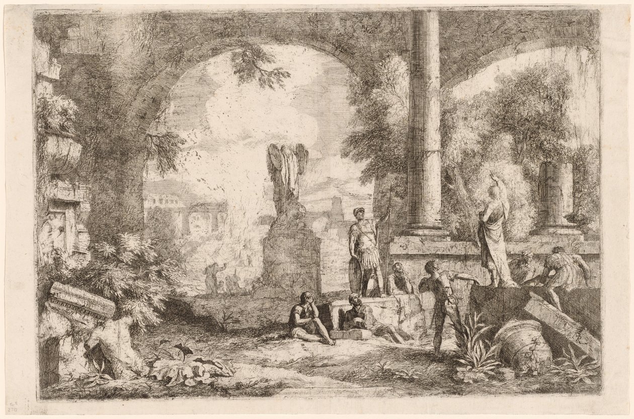 Capriccio antiker Ruinen mit Männern, die einen klassischen Redner betrachten von Marco Ricci