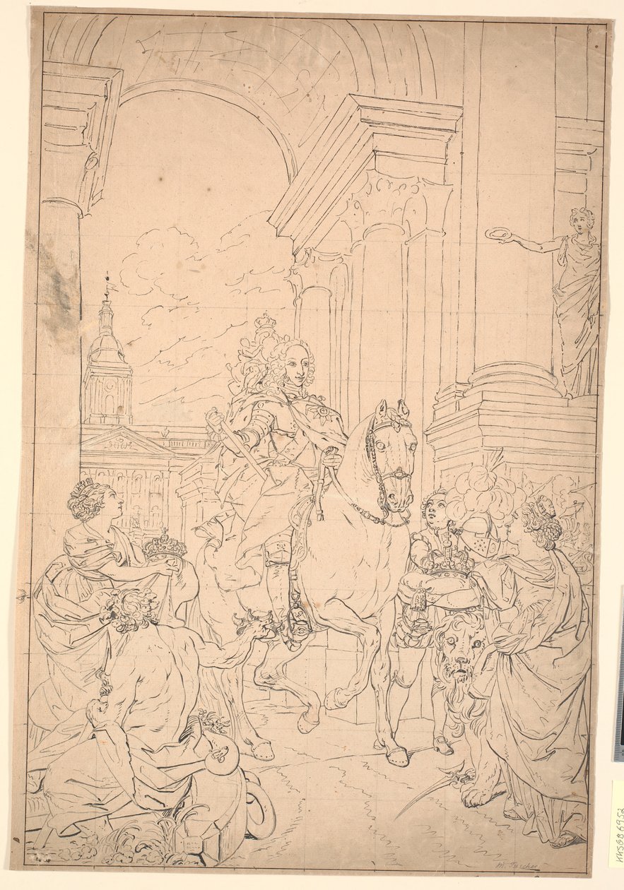Entwurf für das Gemälde: Dänemark und Norwegen huldigen Chr. VI (verbrannt mit Christiansborg 1794) von Marcus Tuscher