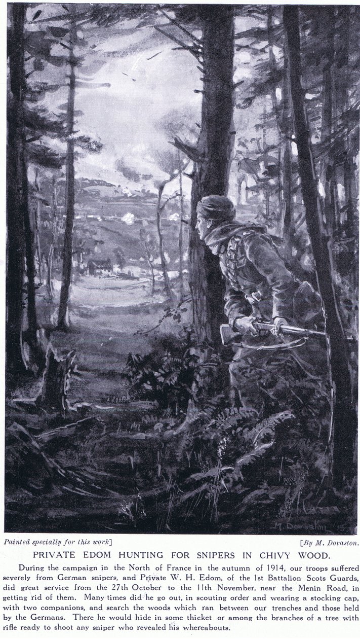 Private Edom jagt Scharfschützen im Chivy-Wald, Herbst 1914 von Margaret Dovaston