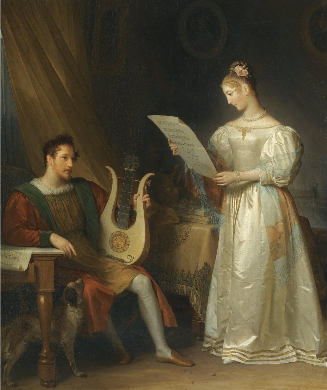 Innenraum mit einem Mann, der eine Lyra hält, und einer Frau mit einer Musikpartitur von Marguerite Gerard