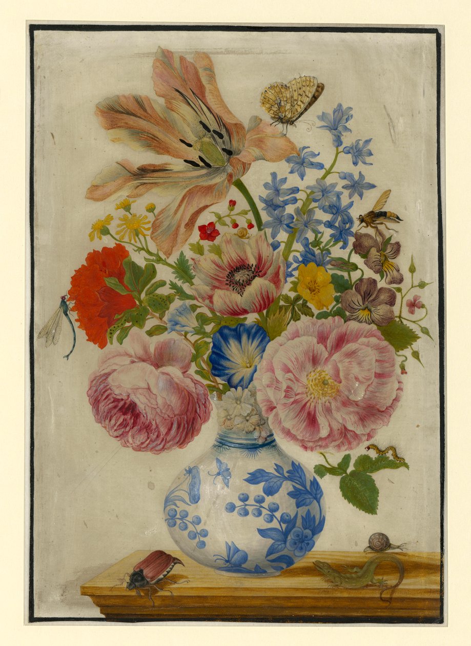 Chinesische Vase mit Rosen, Mohn und Nelken von Maria Sibylla Merian