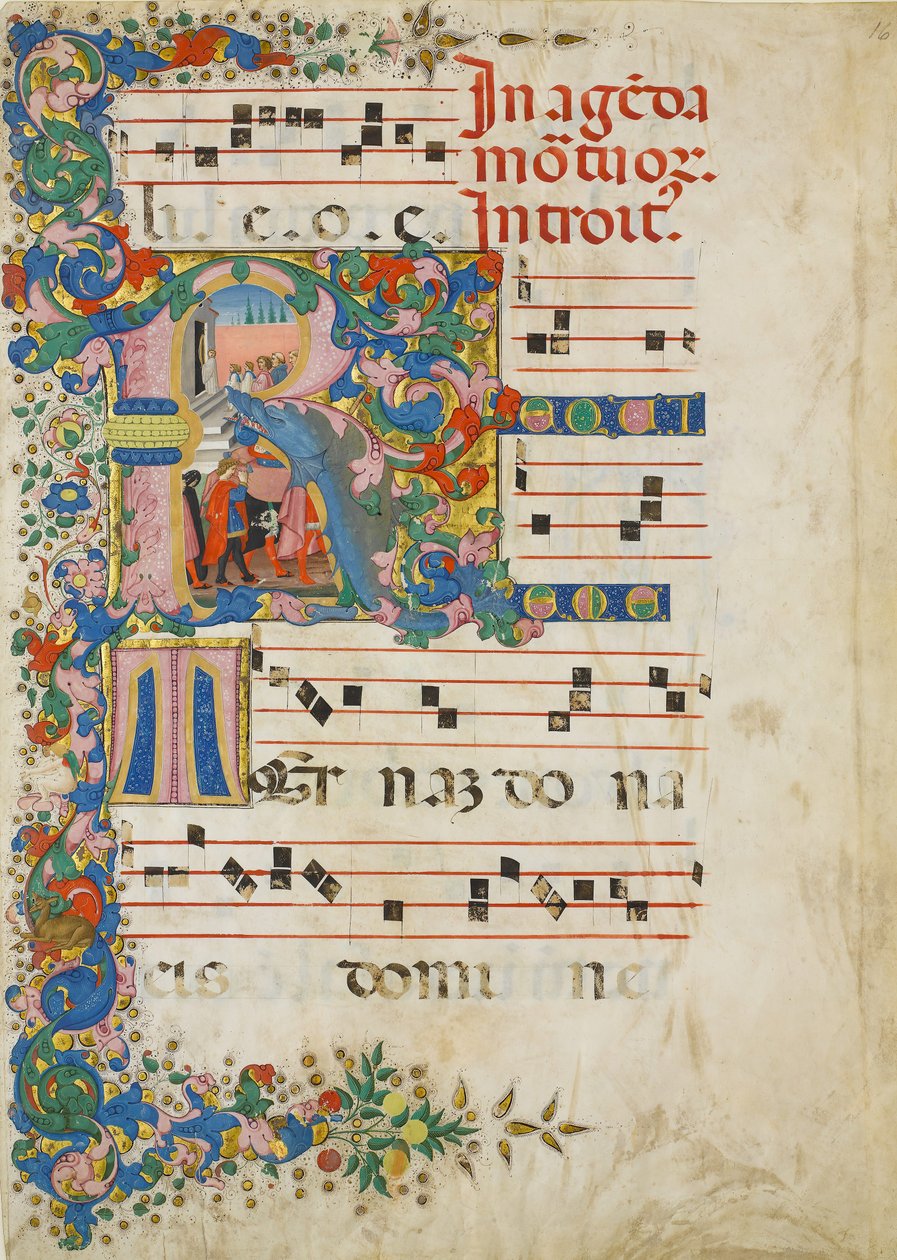 Manuskriptblatt mit einem Trauerzug in einem Initial R, aus einem Graduale von Mariano del Buono