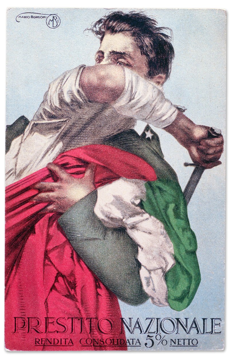 Ein italienischer Soldat verteidigt die Trikolore mit gezogenem Schwert. Propaganda-Postkarte für den Nationalen Kredit, ca. 1915-18 von Mario Borgoni