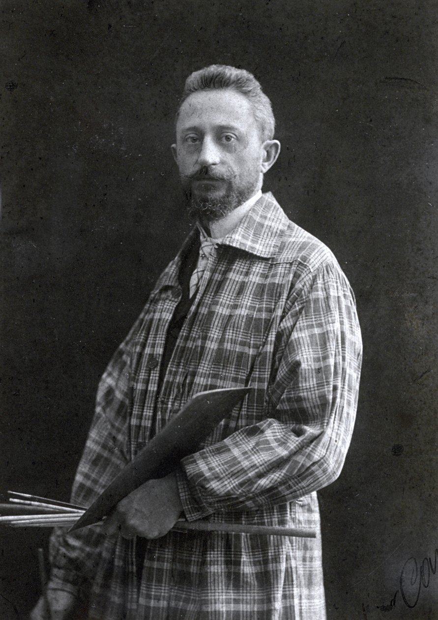 Dreiviertelporträt des Malers Guido Spadolini. Er trägt einen langen Kittel und hält Pinsel und Palette in der linken Hand, 26.11.1901 von Mario Nunes Vais