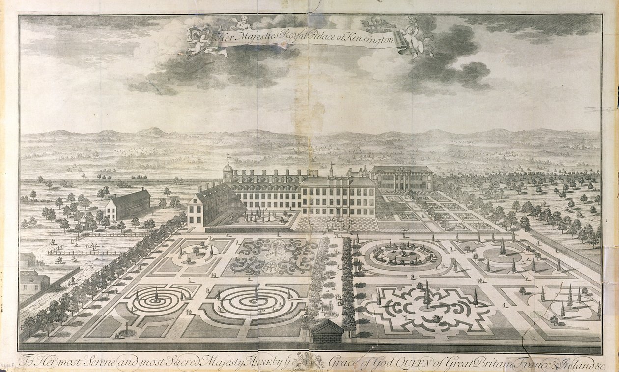 Vogelperspektive der Gärten des Kensington Palace, graviert von Johannes Kip, veröffentlicht von J. Smith, 1724 von Mark Anthony Hauduroy