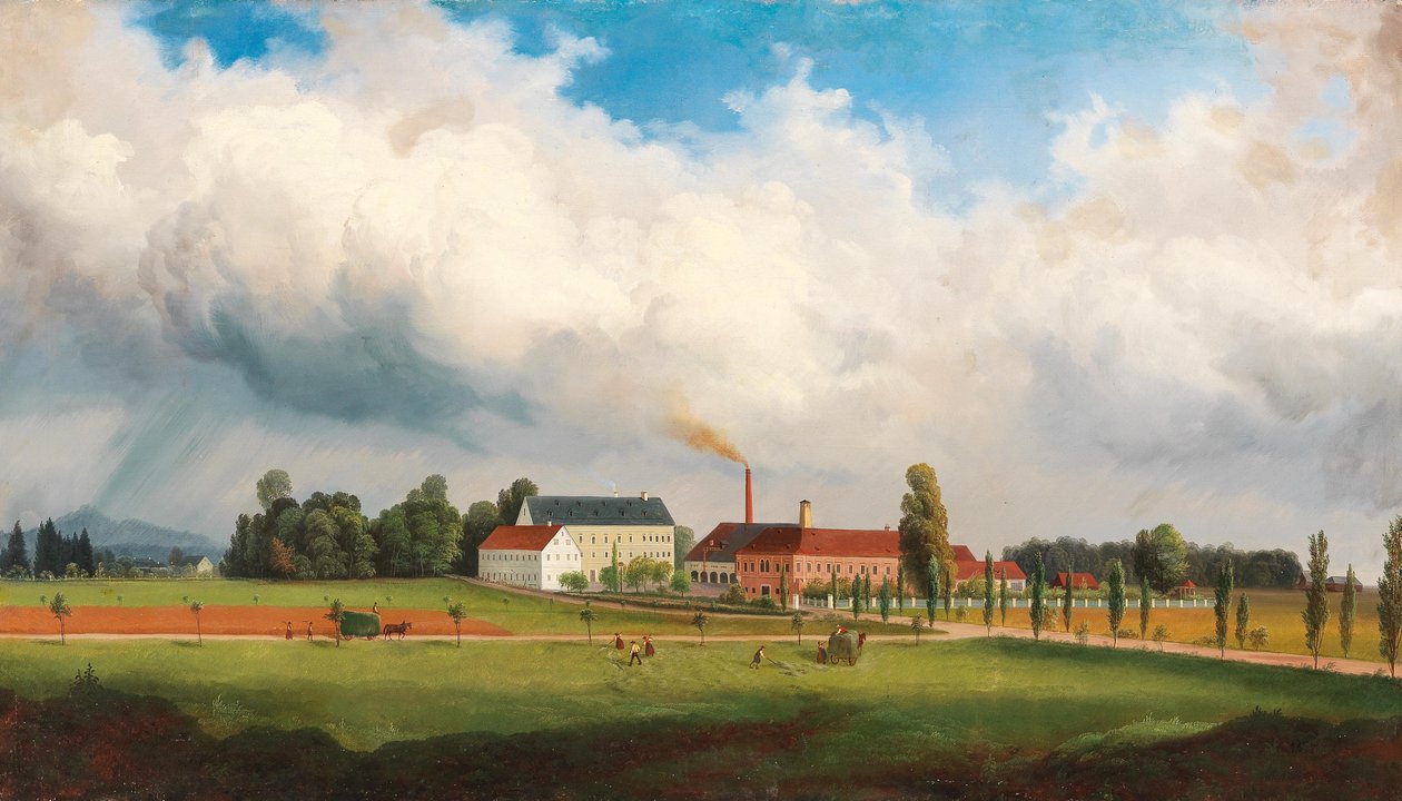 Ebenthal bei Klagenfurt nach Osten, im Vordergrund der Großnighof mit Herrenhaus und Fabrikgelände der Familie Puntschart, im Hintergrund der Magdalensberg von Marko Pernhart