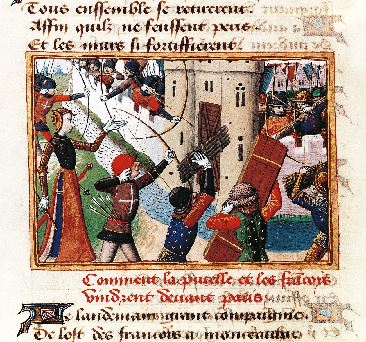 Johanna von Orléans an den Toren von St. Honore, wo der Angriff auf Paris beginnt, Miniatur aus Vigiles de Charles VII von Martial de Paris (bekannt als Auvergne) von Martial de Paris (fl.15th century)
