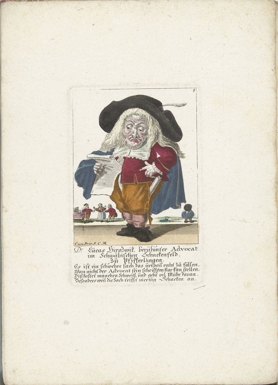 Der Zwerg Lucas Hirnzwik als Anwalt, ca. 1710 (Dr. Lucas Hirnzwik, berühmter Advokat im Schwäbischen Schnekenfeld, zu Pfifferlingen) (Il Callotto resurcitato oder Neu eingerichtes Zwerchen Cabinet) von Martin Engelbrecht (attributed to)