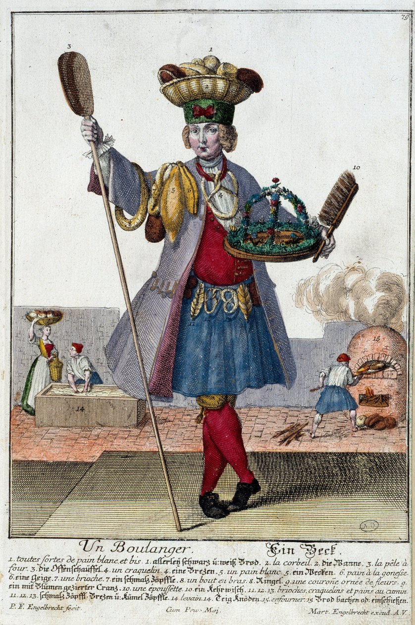 Beruf: Ein Bäcker. Gravur von Martin Engelbrecht (1684-1756), in „Neue Versammlung der manouvries habilles“ 18. Jahrhundert, Deutschland. Paris, Kunstgewerbemuseum von Martin Engelbrecht