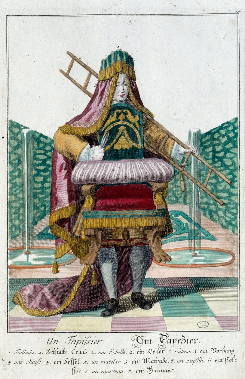 Metier: Eine Polsterei. Gravur von Martin Engelbrecht (1684-1756), in „Neue Versammlung der manouvries habilles“ 18. Jahrhundert, Deutschland. Paris, Kunstgewerbemuseum von Martin Engelbrecht
