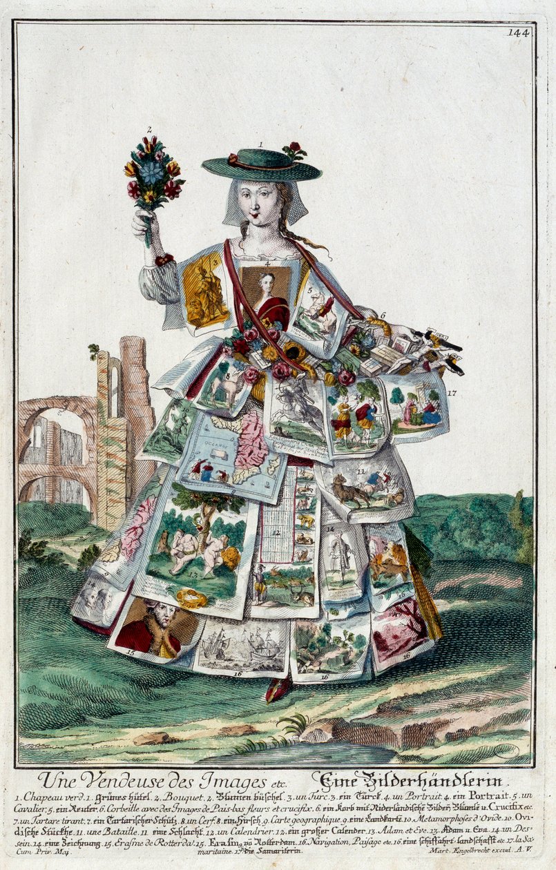 Beruf: Eine Bildverkäuferin. Kupferstich von Martin Engelbrecht, in „Neue Versammlung der Manouvries Habilles“ 18. Jahrhundert, Deutschland. Paris, Kunstgewerbemuseum von Martin Engelbrecht