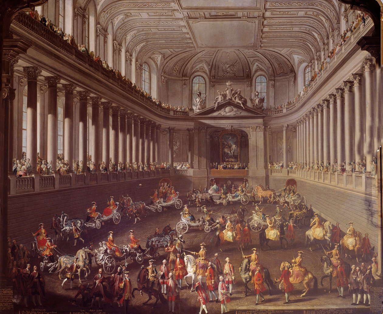 Karussell der spanischen Manege von Wien zur Feier der französischen Niederlage in Prag 1763, Marie Therese von Österreich (1717-1780) ist auf dem weißen Pferd dargestellt Gemälde der Schule von Martin Meytens (1695-1770) 18. Jahrhundert Wien. Kunsthistor von Martin Meytens the Younger