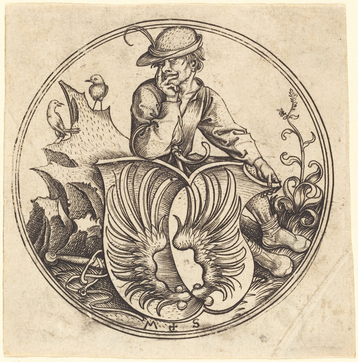 Schild mit Flügeln, gehalten von Bauer von Martin Schongauer