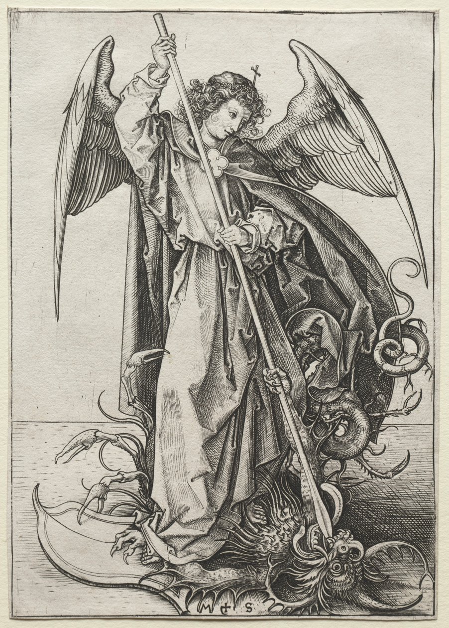 Der Erzengel Michael durchbohrt den Drachen, ca. 1475 von Martin Schongauer