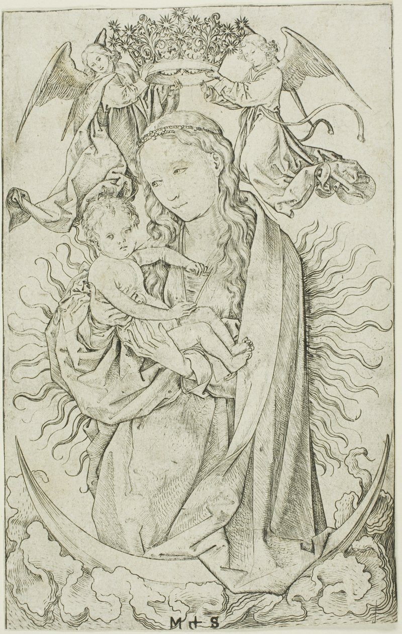 Die Madonna auf der Mondsichel, gekrönt von zwei Engeln von Martin Schongauer