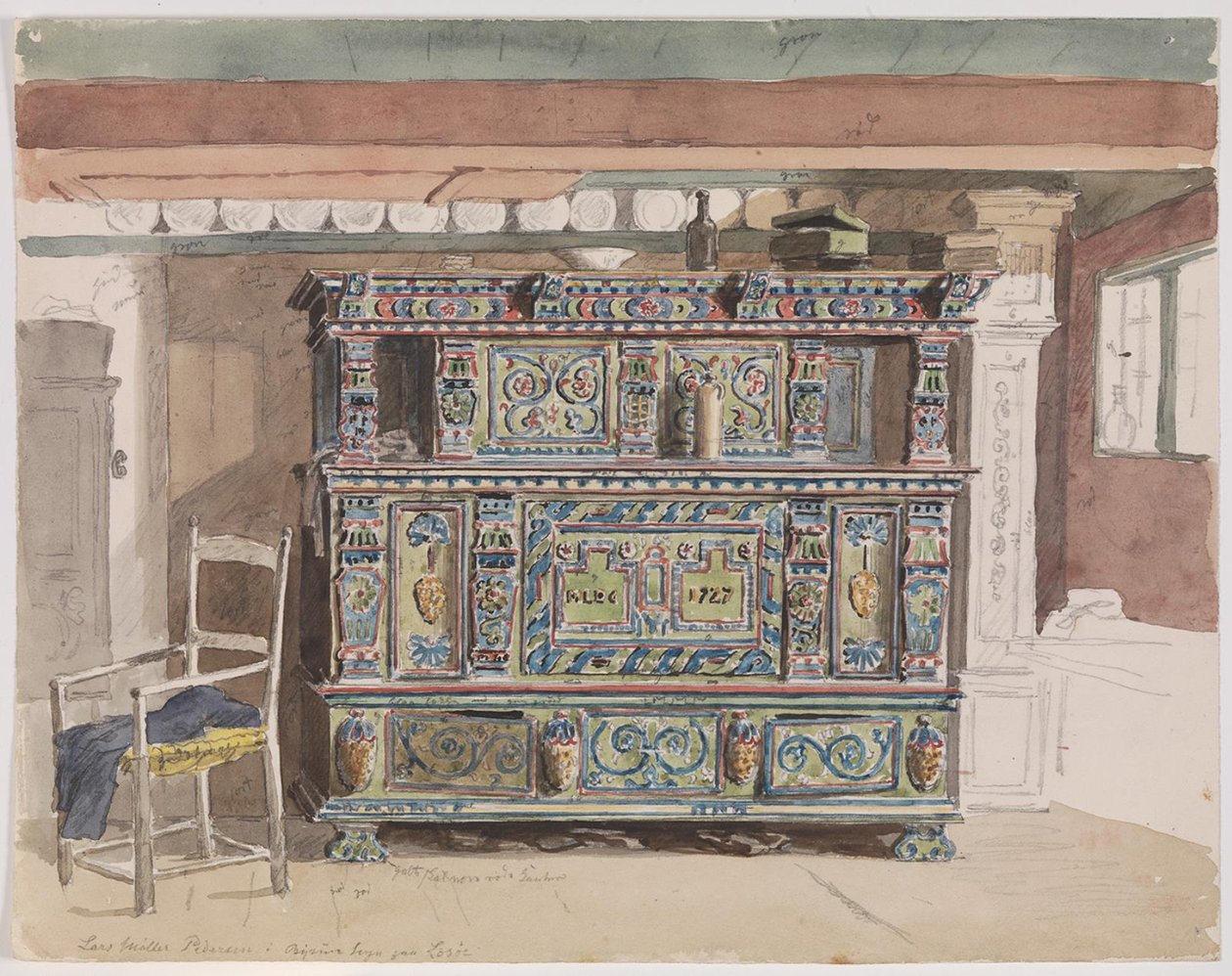 Bemalter Schrank, datiert 1727, in einem Raum von Læsø von Martinus Rørbye